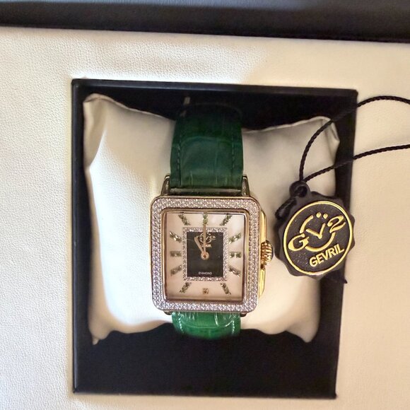GV2 by Gevril Women\'s Padova Gemstone Swiss Quartz Diamond Accent Green NEW